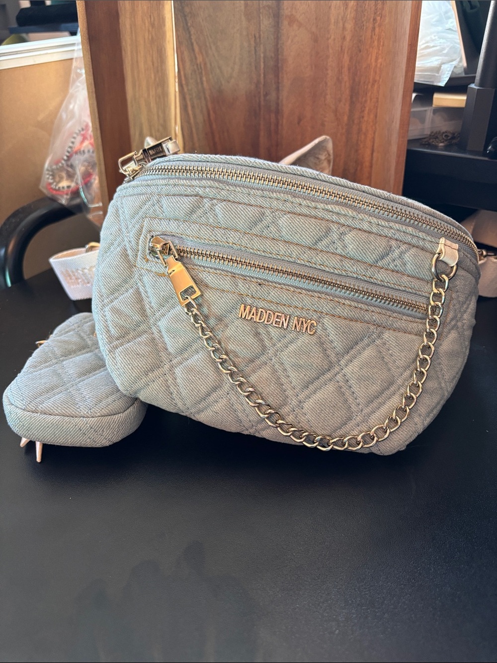 Madden NYC Quilted Light Blue Crossbody Bag with Chain Accent